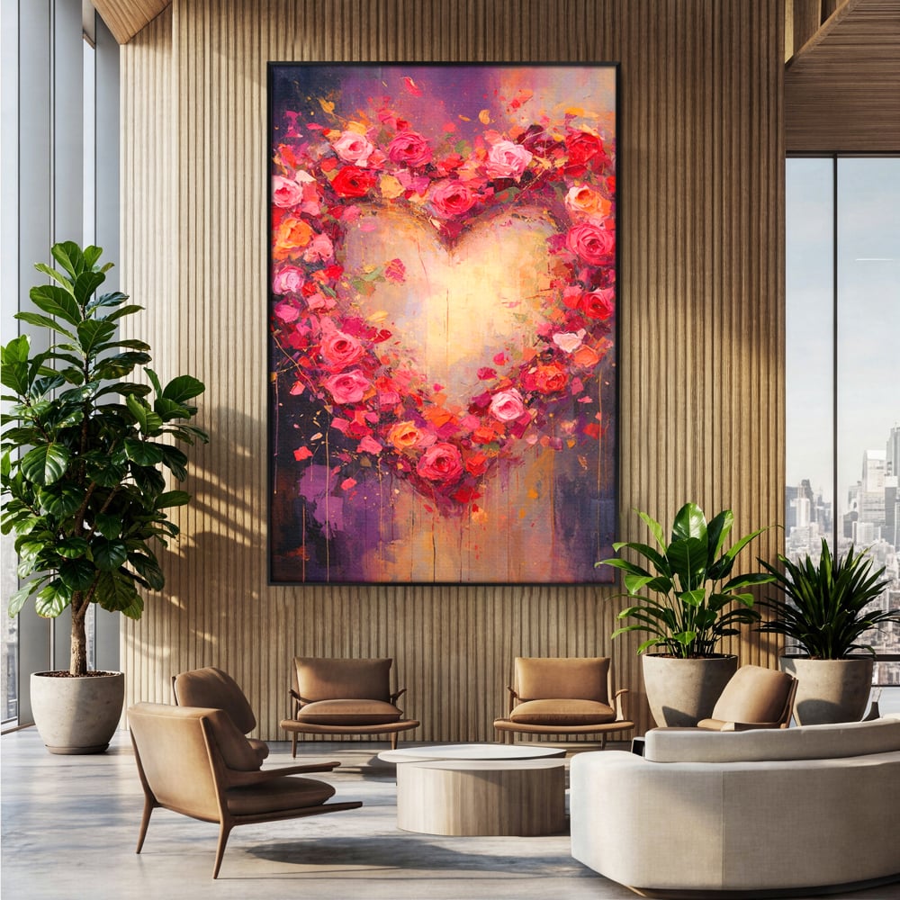 Tablou canvas cu tablou canvas cu inima din trandafiri, in rama de aluminiu negru, pe perete intr-un birou